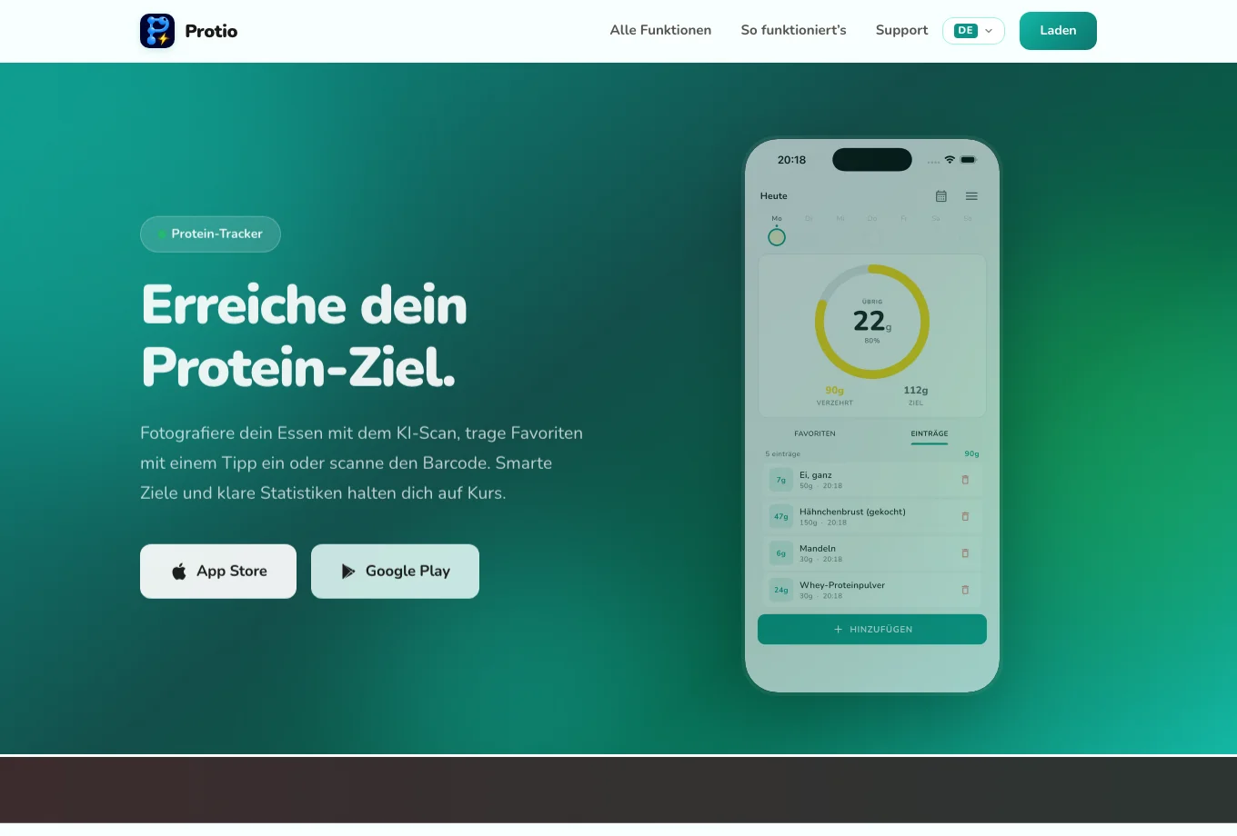 Protio-Website: Protein-Tracking und Links zum App-Download