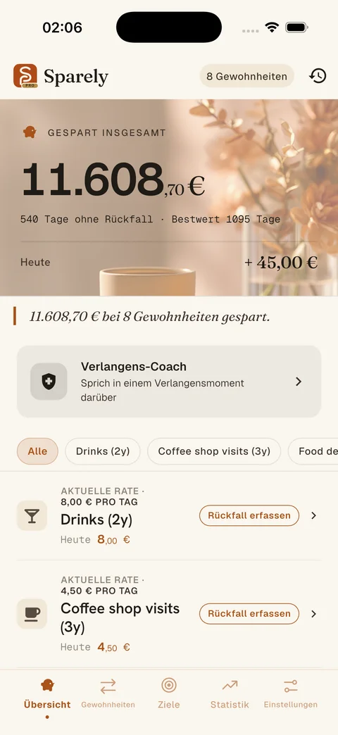 Sparely-App: Sparübersicht und erfasste Gewohnheiten