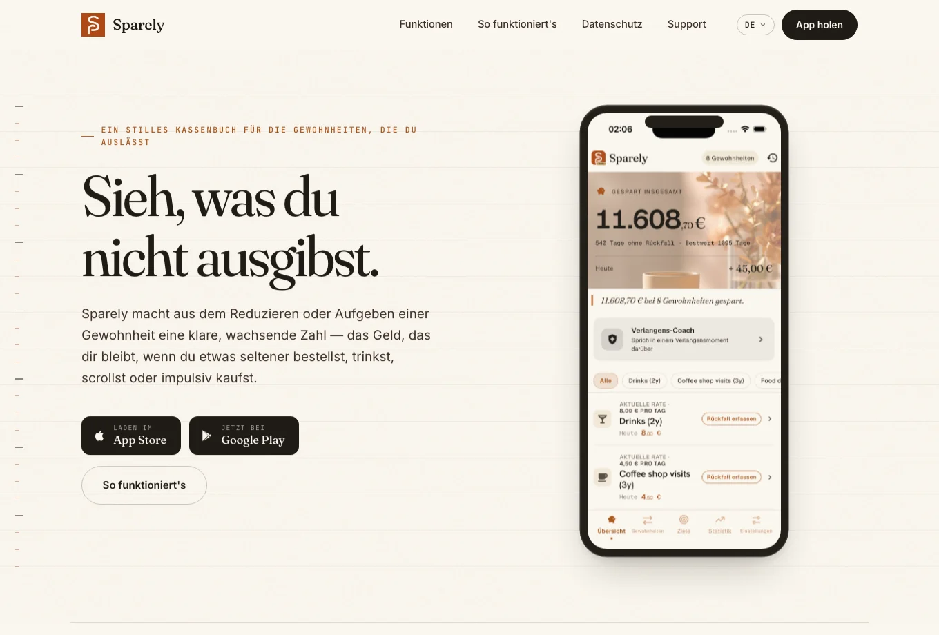 Sparely-Website mit Spar-Tracker und App-Vorschau
