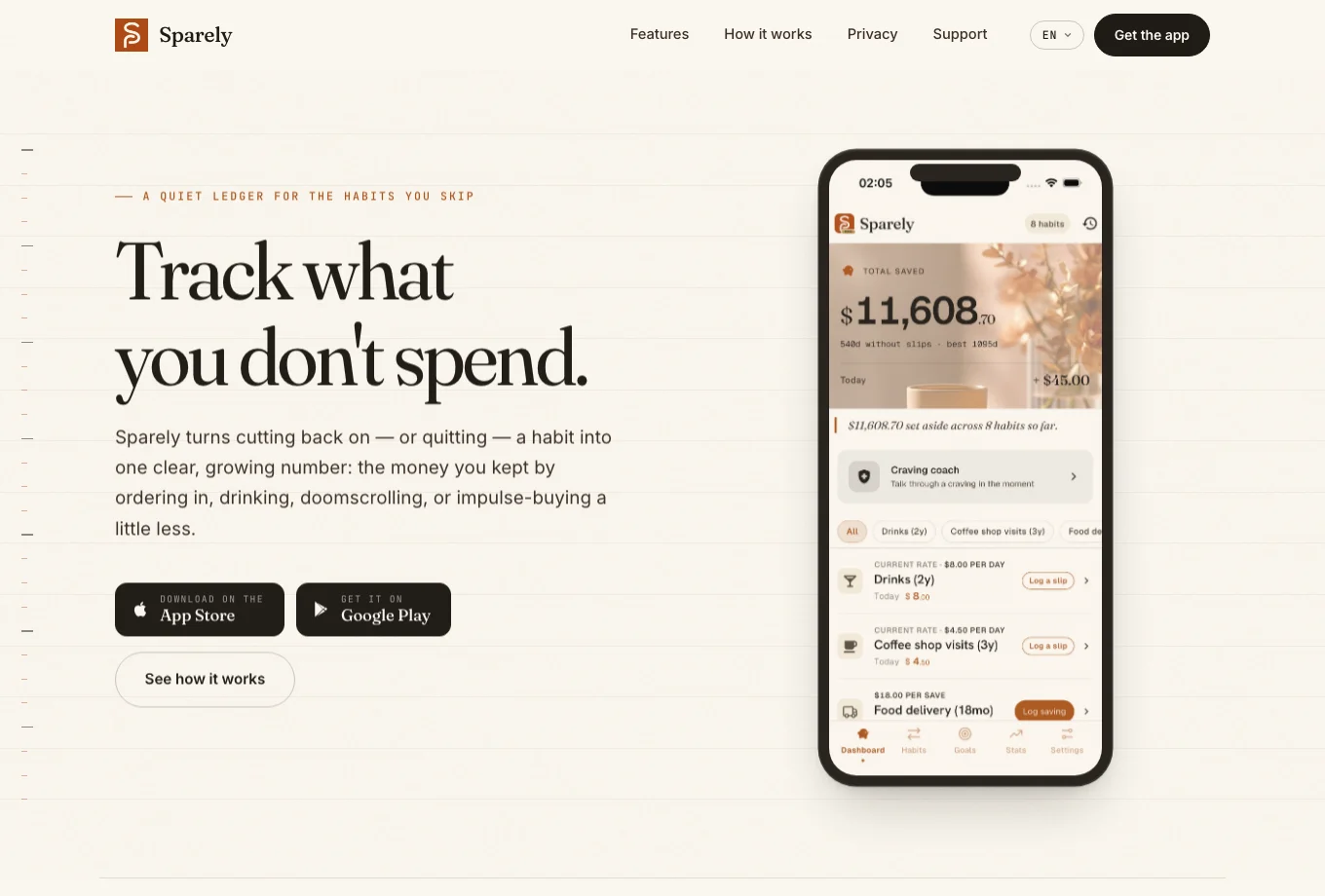 Sparely website showing its savings tracker and app preview